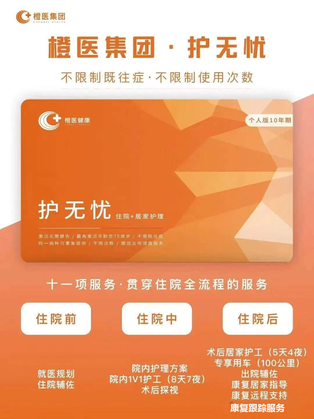 橙医护无忧护工卡------住院护工+居家护理,不同疾病不限次数,同种疾病每年3次,包含既往症,需任一公司长险搭配-保险超市